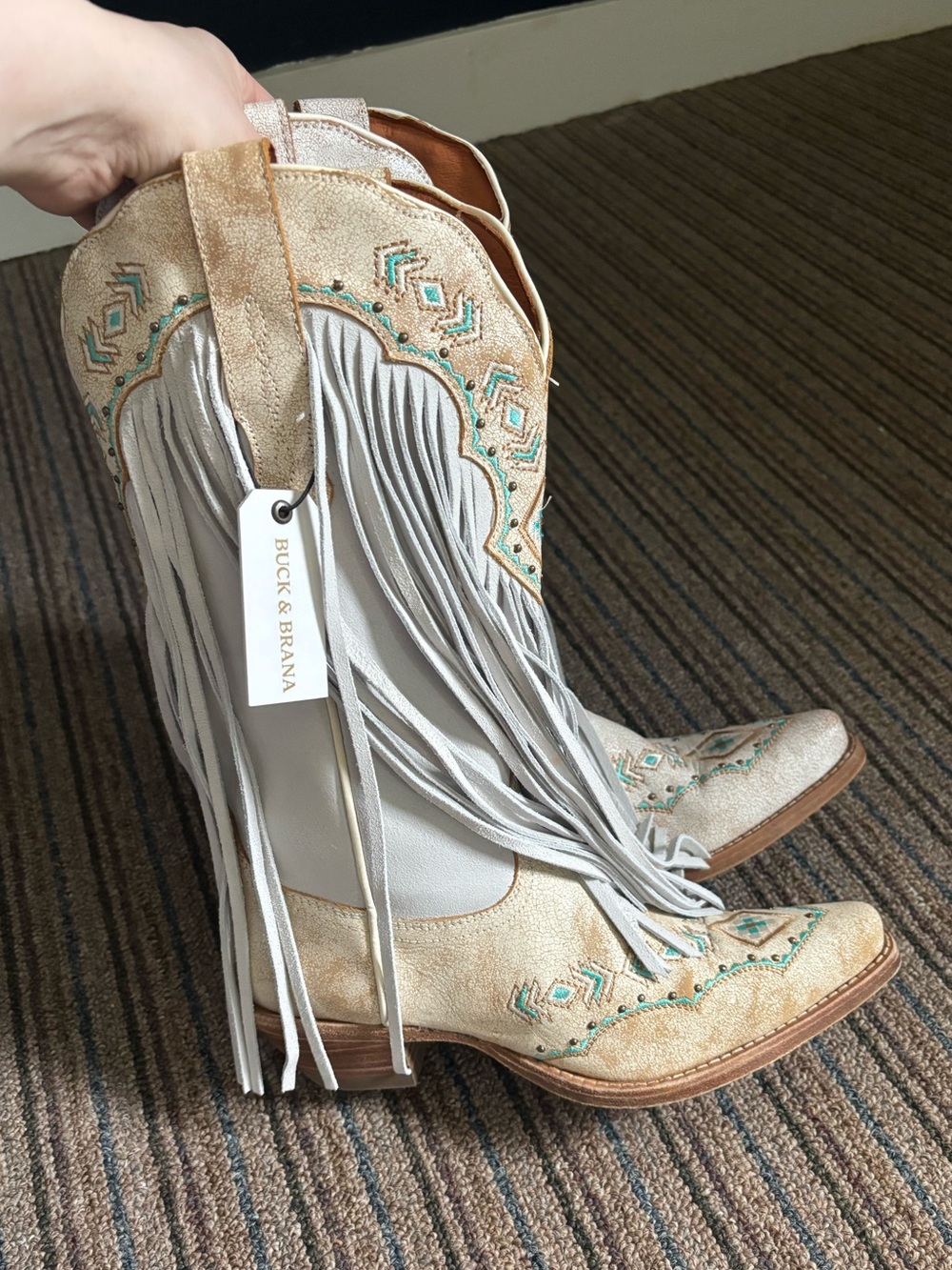 Buck & Brana Fringed Western Boots in Cream with Turquoise Embroidery
